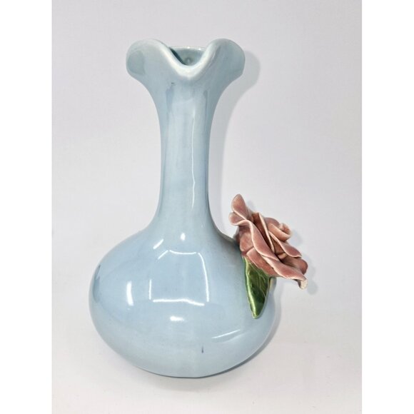 California Pottery Blue Pitcher W/Rose - Picture 2 of 8
